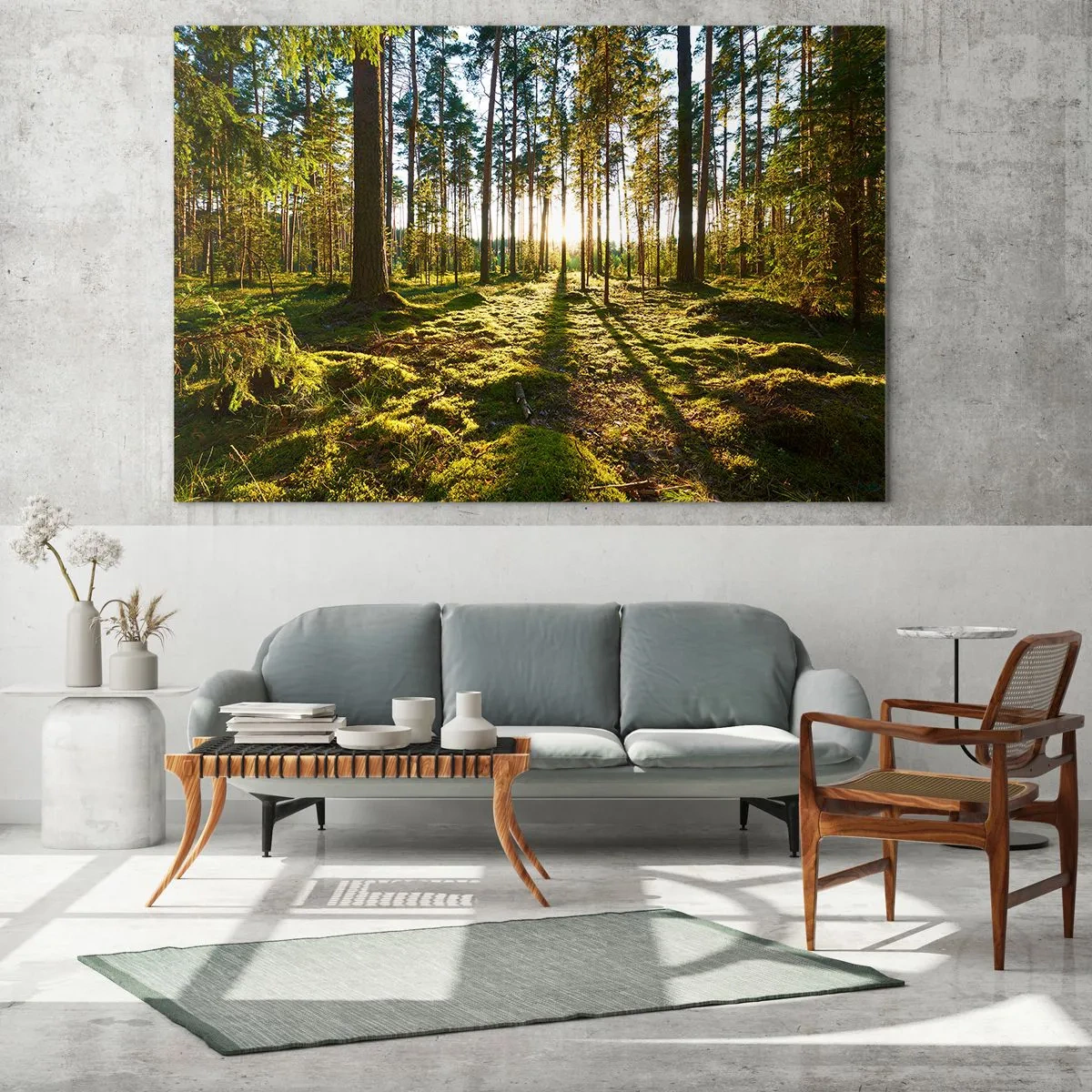 Cuadro sobre vidrio - Impresiones sobre Vidrio - Los rayos del sol penetran a través de los árboles en el bosque. - 70x50cm - ...Más allá de los siete bosques - Decoración de pared moderna para salón y dormitorio ARTTOR