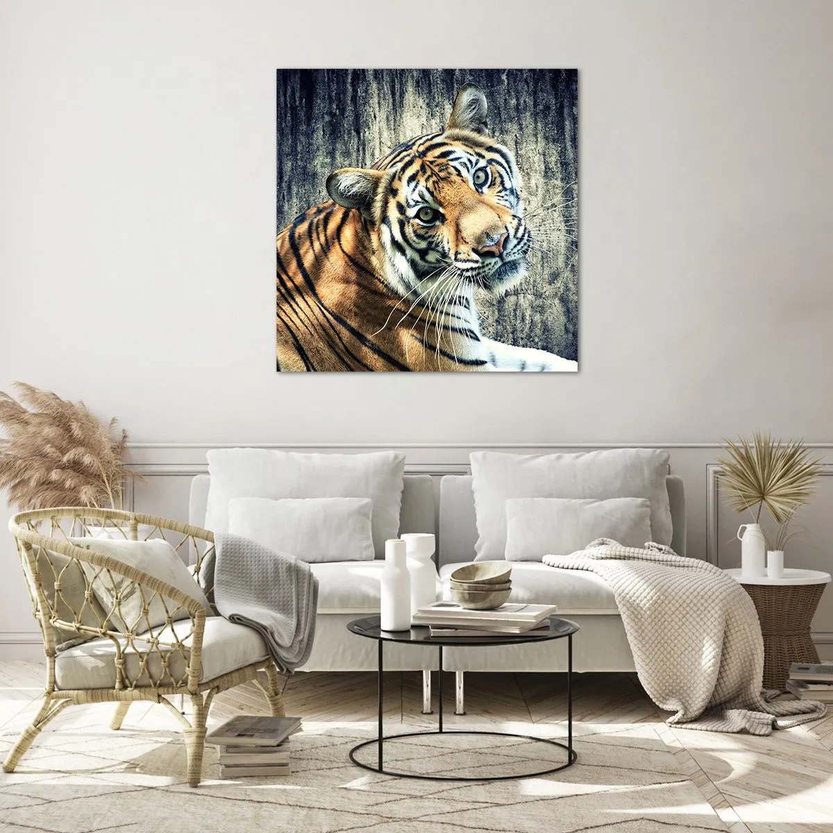 Cuadro sobre vidrio - Impresiones sobre Vidrio - Retrato en corrientes de luz - 70x70 cm