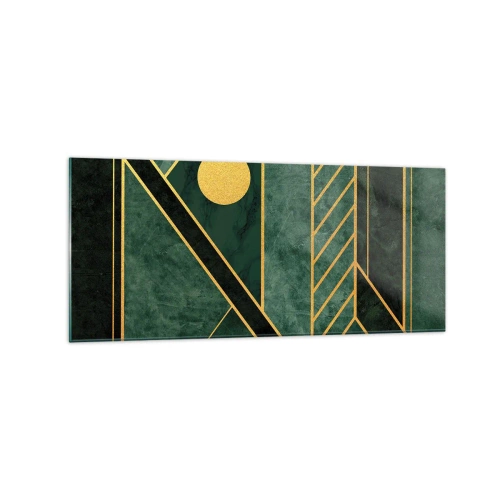 Cuadro sobre vidrio - Impresiones sobre Vidrio - Diseño geométrico verde y dorado con un patrón elegante. - 120x50cm - La dinámica del oro y el azul - Decoración de pared moderna para salón y dormitorio ARTTOR