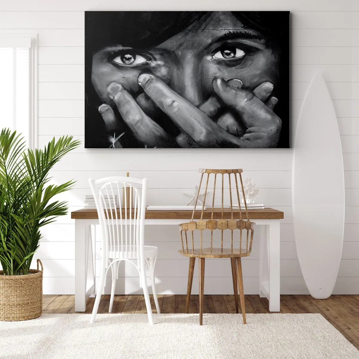 Cuadro sobre lienzo - Impresión de Imagen - Retrato en blanco y negro de una mujer cubriéndose la cara con las manos. - 120x80cm - No diré quién lo pintó - Decoración de pared moderna para salón y dormitorio ARTTOR