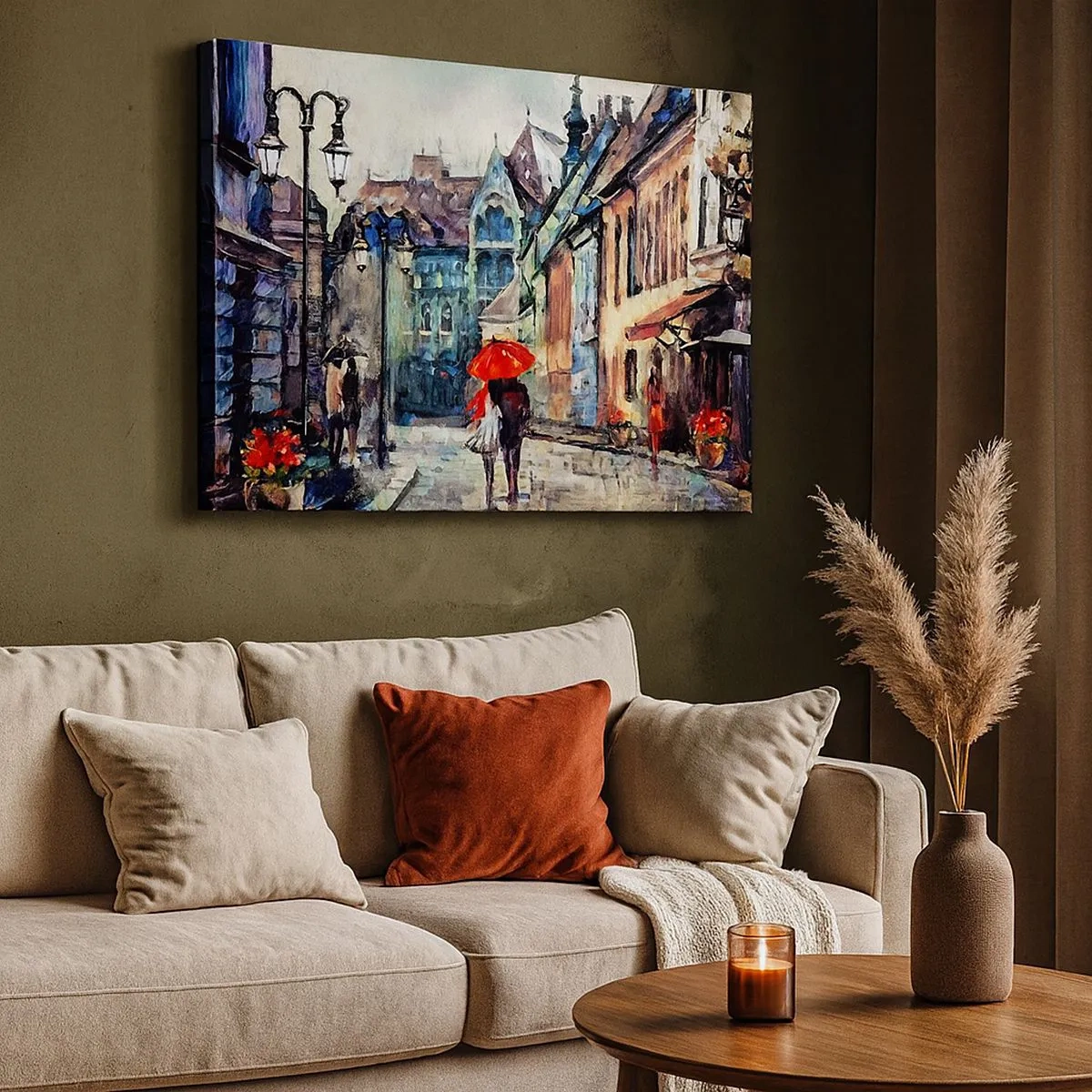 Cuadro sobre lienzo - Impresión de Imagen - Una encantadora calle de la ciudad con una pareja bajo un paraguas rojo. - 70x50cm - Lluvia para dos - Decoración de pared moderna para salón y dormitorio ARTTOR