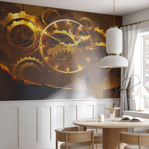 Fotomural Premium Sand - Mecanismos de relojería dorados con una figura al fondo en estilo steampunk - 100x70cm - En la fuente del tiempo - Decoración de pared moderna para salón y dormitorio ARTTOR