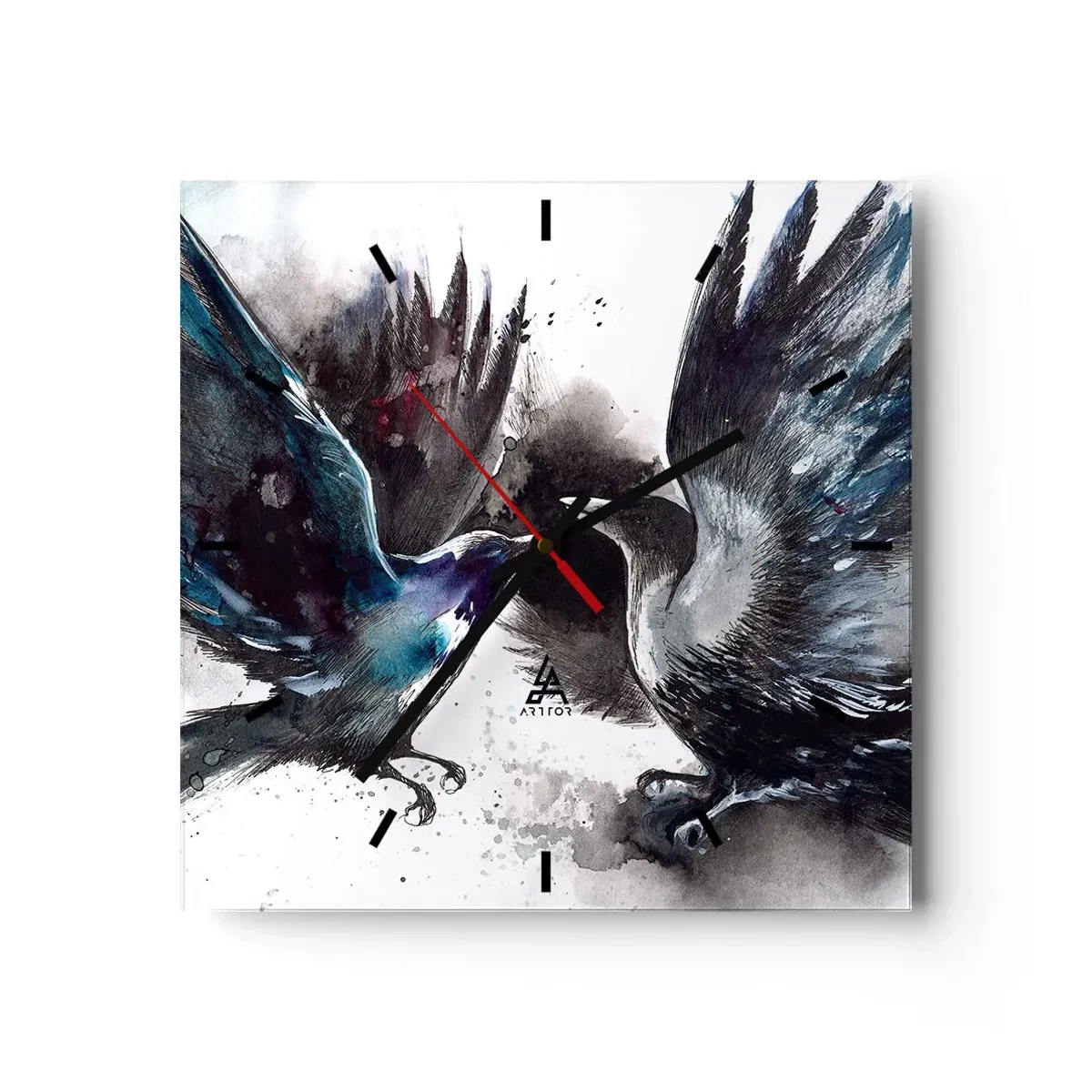 Reloj de pared - Reloj de vidrio - Cuervos artísticos en una composición dinámica de acuarela. - 30x30cm - De cuervo a cuervo... - Decoración de pared moderna para salón y dormitorio ARTTOR