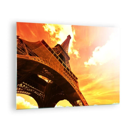 Cuadro sobre vidrio - Impresiones sobre Vidrio - La Torre Eiffel en cálidos tonos naranjas al atardecer - 70x50cm - Monumental, dorado por el sol - Decoración de pared moderna para salón y dormitorio ARTTOR