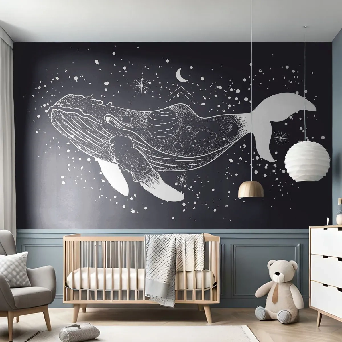 Fotomural Premium Canvas - En el océano del universo - Abstracción, Ballena, En blanco y negro - 250x175 cm