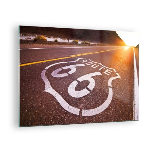 Cuadro sobre vidrio - Impresiones sobre Vidrio - Ruta 66 al atardecer - 70x50cm - La famosa Ruta 66 - Decoración de pared moderna para salón y dormitorio ARTTOR