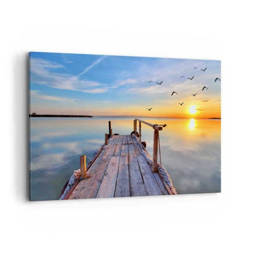 Cuadro sobre lienzo - Impresión de Imagen - Muelle de madera al atardecer en un lago tranquilo - 120x80cm - Caminando hacia el sol - Decoración de pared moderna para salón y dormitorio ARTTOR