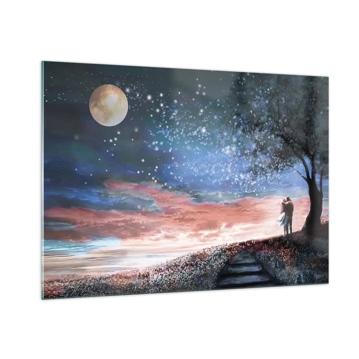 Cuadro sobre vidrio - Impresiones sobre Vidrio - Una pareja de enamorados bajo un árbol con la luna y las estrellas. - 100x70cm - Un espectáculo estelar - Decoración de pared moderna para salón y dormitorio ARTTOR