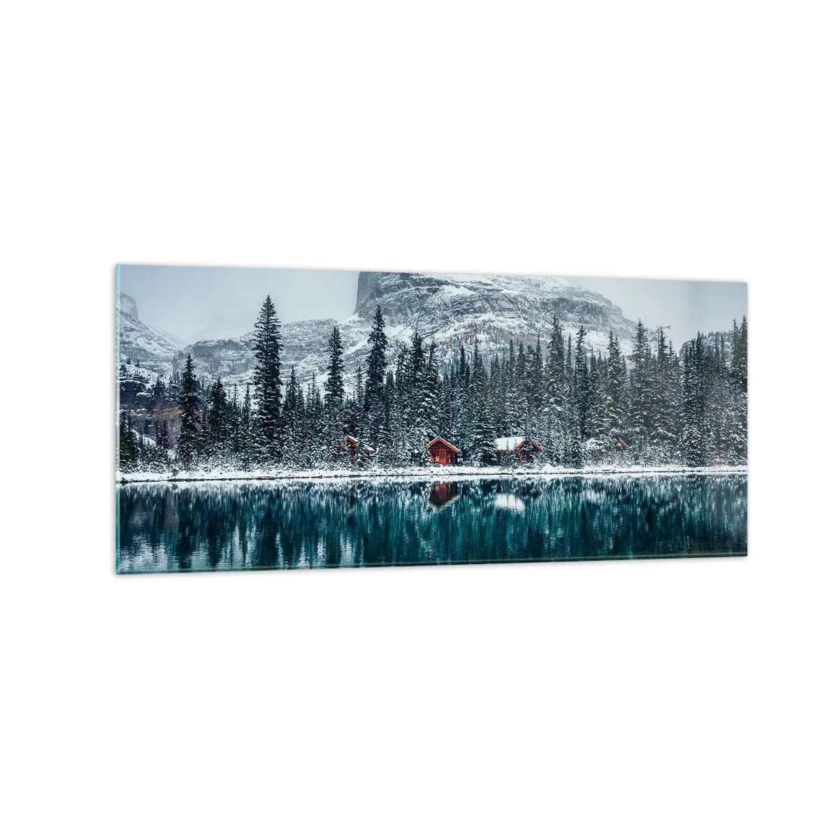 Cuadro sobre vidrio - Impresiones sobre Vidrio - Paisaje invernal con cabañas en el bosque junto a un lago congelado - 120x50cm - Retiro canadiense - Decoración de pared moderna para salón y dormitorio ARTTOR
