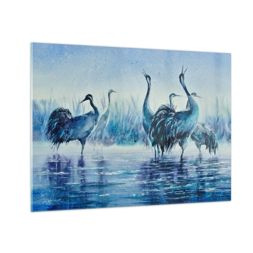Cuadro sobre vidrio - Impresiones sobre Vidrio - Pájaros vadeando en agua azul - 70x50cm - Reunión matinal - Decoración de pared moderna para salón y dormitorio ARTTOR