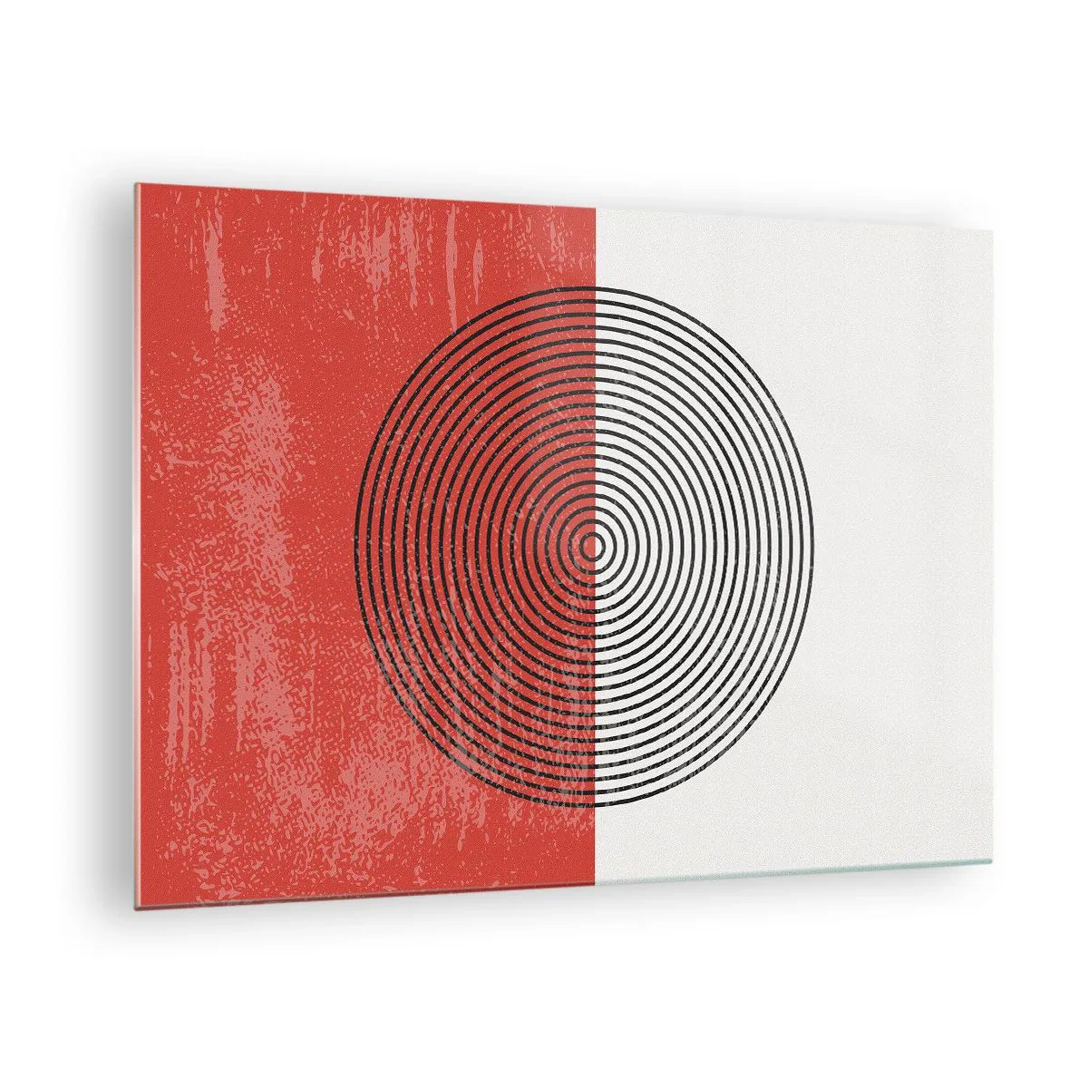Cuadro sobre vidrio - Impresiones sobre Vidrio - Patrón geométrico con un círculo sobre un fondo rojo y blanco. - 70x50cm - En el corazón de la misma - Decoración de pared moderna para salón y dormitorio ARTTOR