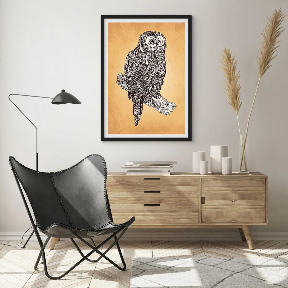 Póster en marco negro - Un búho estilizado con un patrón ornamental sobre un fondo beige. - 50x70cm - Intrincados ornamentos de sabiduría - Decoración de pared moderna para salón y dormitorio ARTTOR