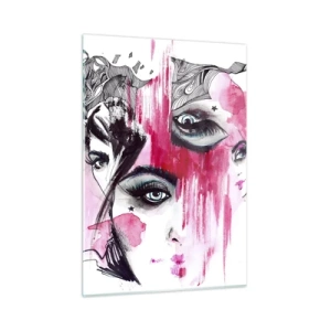 Cuadro sobre vidrio - Impresiones sobre Vidrio - Rostros femeninos abstractos con acentos rosas en un estilo de boceto. - 50x70cm - Ojos abstractos - Decoración de pared moderna para salón y dormitorio ARTTOR