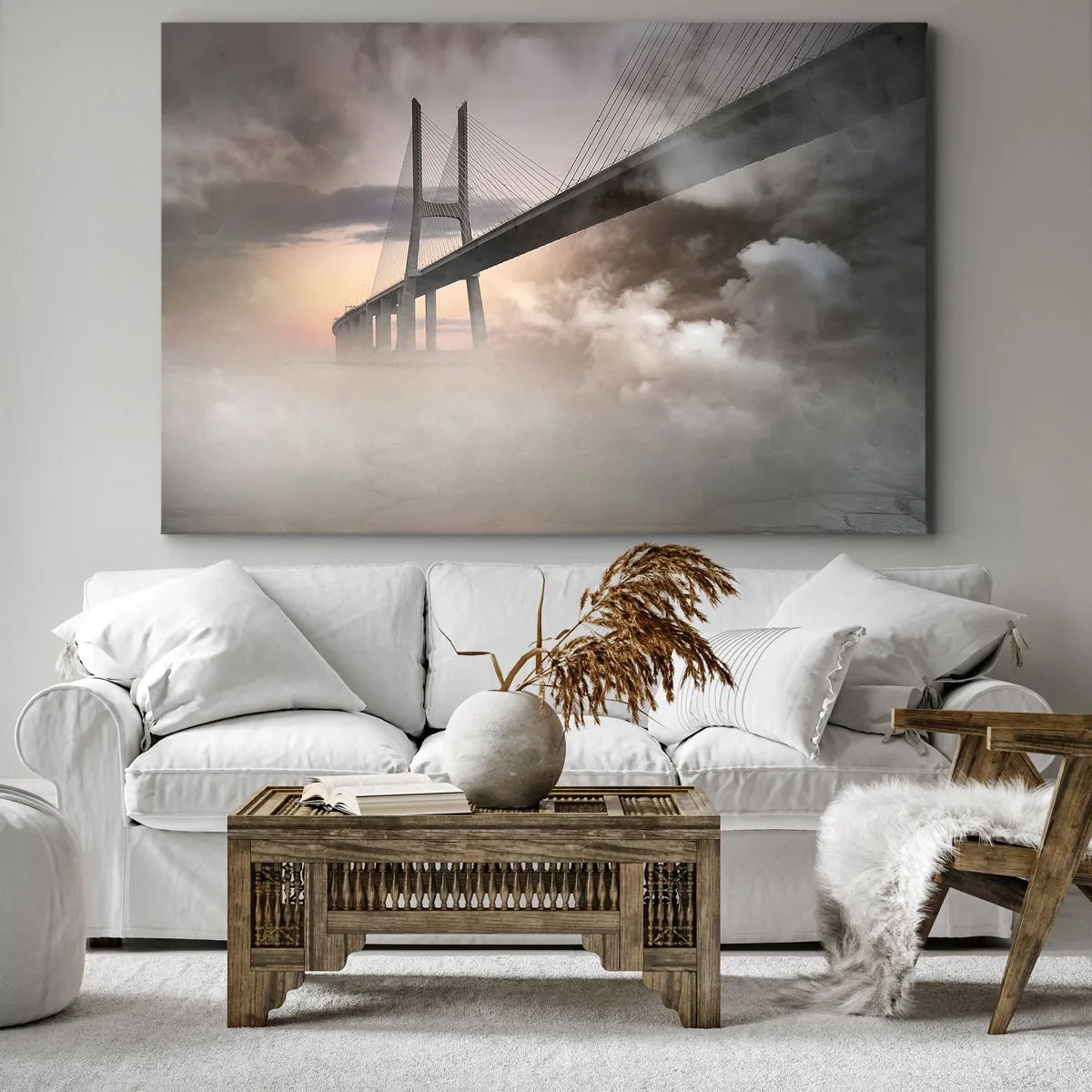 Cuadro sobre lienzo - Impresión de Imagen - Un puente sobre un río rodeado de niebla por la mañana. - 120x80cm - Junto al río que no existe - Decoración de pared moderna para salón y dormitorio ARTTOR