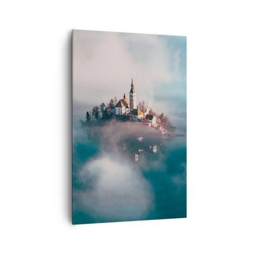 Cuadro sobre lienzo - Impresión de Imagen - Una isla pintoresca con una iglesia rodeada de niebla. - 80x120cm - Isla de los sueños - Decoración de pared moderna para salón y dormitorio ARTTOR