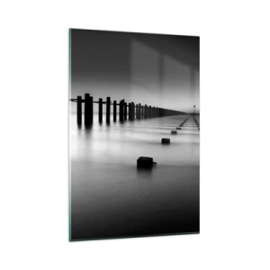Cuadro sobre vidrio - Impresiones sobre Vidrio - Postes de madera y bloques de hormigón sumergidos en agua en tonos blanco y negro - 80x120cm - Valles grises en la niebla - Decoración de pared moderna para salón y dormitorio ARTTOR