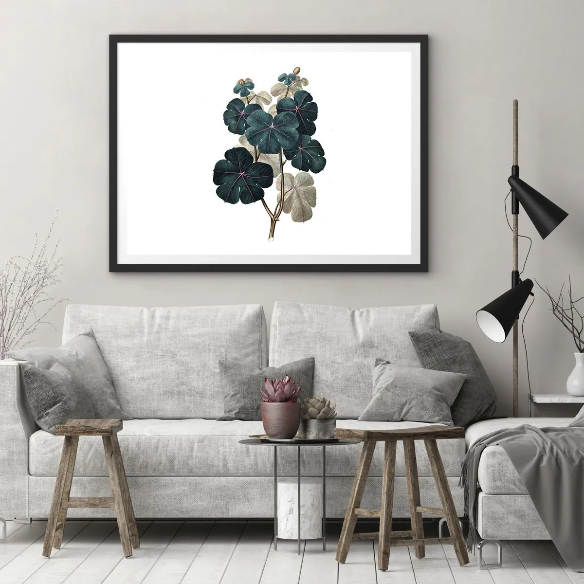 Póster en marco negro - Ilustración botánica con hojas en tonos verdes y beige. - 70x50cm - De un viejo herbario - Decoración de pared moderna para salón y dormitorio ARTTOR