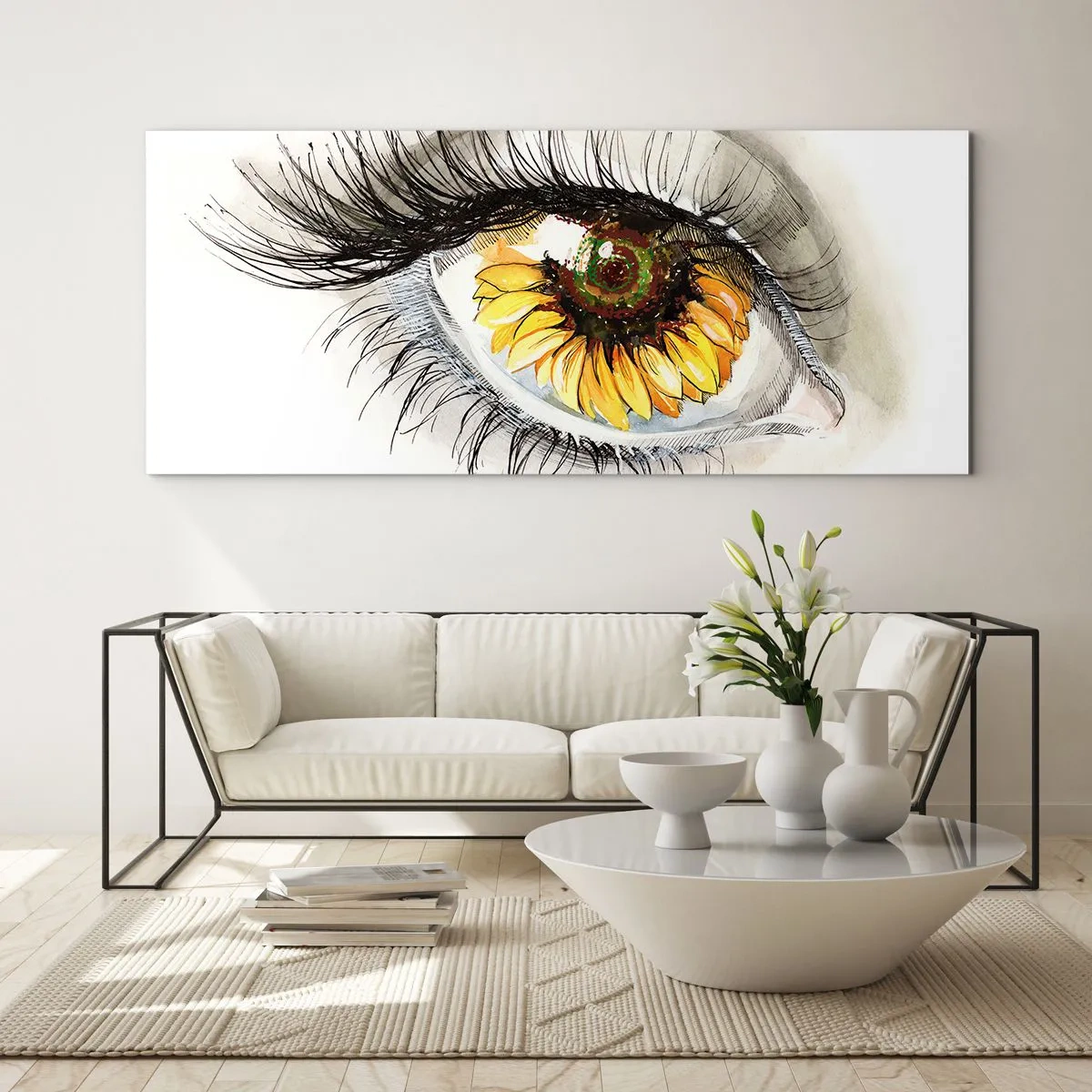 Cuadro sobre vidrio - Impresiones sobre Vidrio - Ojo artístico con iris en forma de girasol. - 120x50cm - Un aspecto tan caluroso como el verano - Decoración de pared moderna para salón y dormitorio ARTTOR