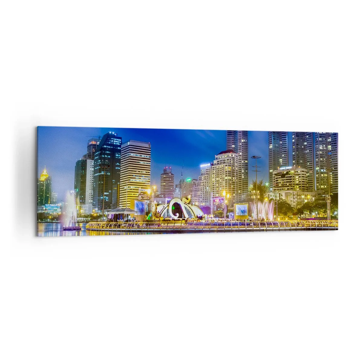 Cuadro sobre lienzo - Impresión de Imagen - Panorama nocturno de la ciudad con luces reflejadas en el agua. - 160x50cm - La noche del arco iris de la metrópoli - Decoración de pared moderna para salón y dormitorio ARTTOR