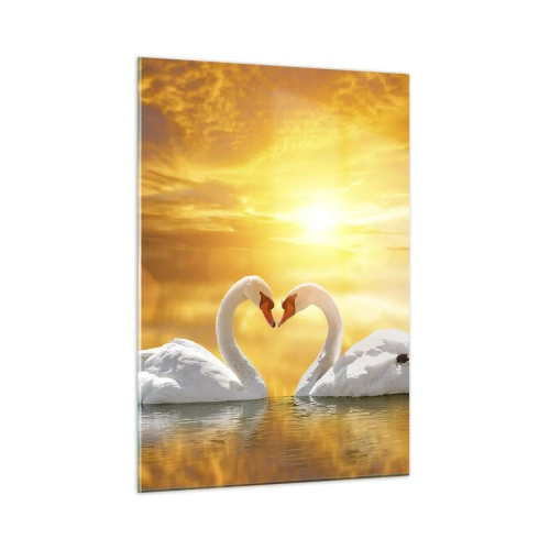 Cuadro sobre vidrio - Impresiones sobre Vidrio - Dos cisnes en el agua formando un corazón con el telón de fondo de una puesta de sol. - 50x70cm - Corazón es la palabra más bella del mundo... - Decoración de pared moderna para salón y dormitorio ARTTOR