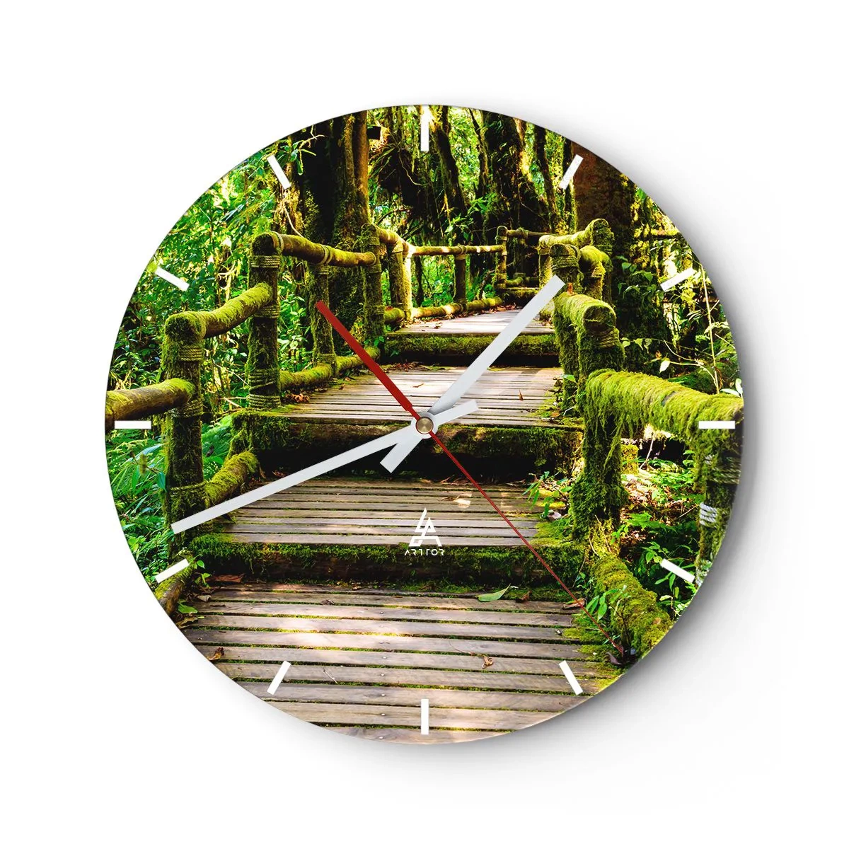 Reloj de pared - Reloj de vidrio - Un camino de madera en un bosque tropical cubierto de musgo. - 30x30cm - A través de un corredor verde - Decoración de pared moderna para salón, cocina y dormitorio ARTTOR