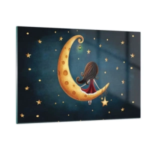 Cuadro sobre vidrio - Impresiones sobre Vidrio - Una niña en la luna entre las estrellas sobre un fondo azul marino. - 120x80cm - Érase una vez... - Decoración de pared moderna para salón y dormitorio ARTTOR