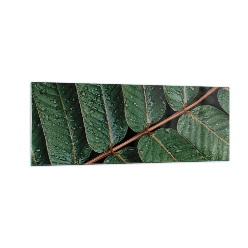 Cuadro sobre vidrio - Impresiones sobre Vidrio - Fotografía macro de hojas verdes con gotas de rocío. - 140x50cm - En un ritmo verde - Decoración de pared moderna para salón y dormitorio ARTTOR