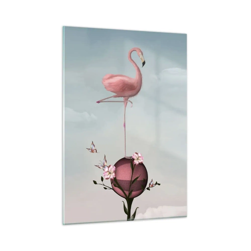 Cuadro sobre vidrio - Impresiones sobre Vidrio - Un flamenco rosa de pie sobre una bola decorativa con flores y mariposas. - 50x70cm - Alegoría del baloncesto - Decoración de pared moderna para salón y dormitorio ARTTOR