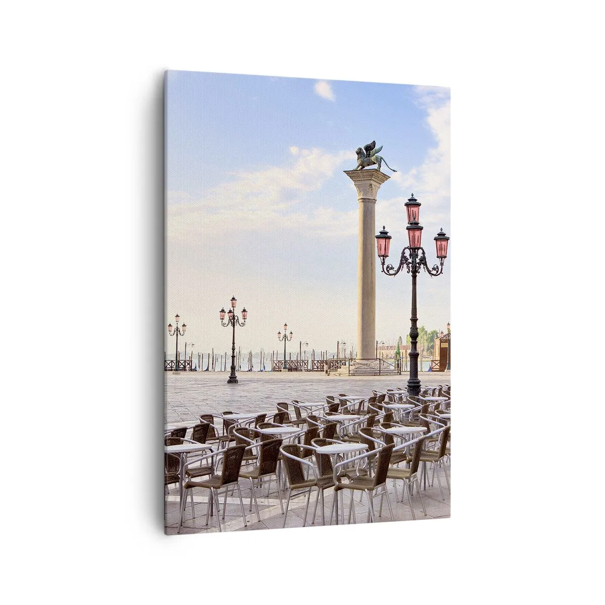 Cuadro sobre lienzo - Impresión de Imagen - Venecia, vista de la plaza con columnas y mesas de café. - 70x100cm - Vamos, todo está listo - Decoración de pared moderna para salón y dormitorio ARTTOR