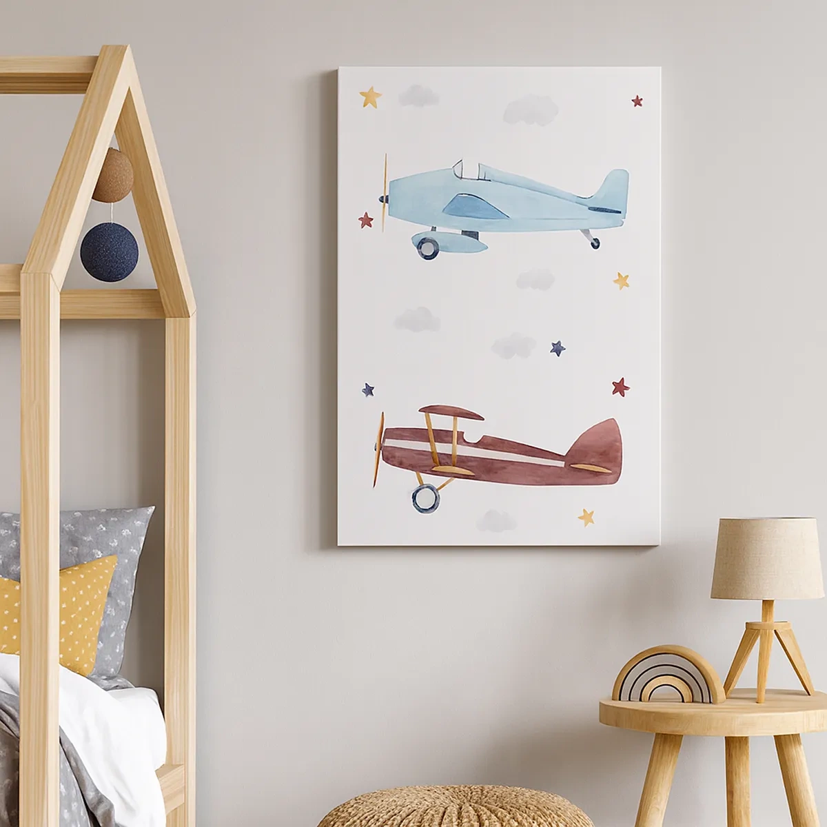 Cuadro sobre lienzo - Impresión de Imagen - Aviones pintados a mano sobre un fondo de nubes y estrellas. - 50x70cm - ¡Piloto, estamos esperando! - Decoración de pared moderna para salón y dormitorio ARTTOR