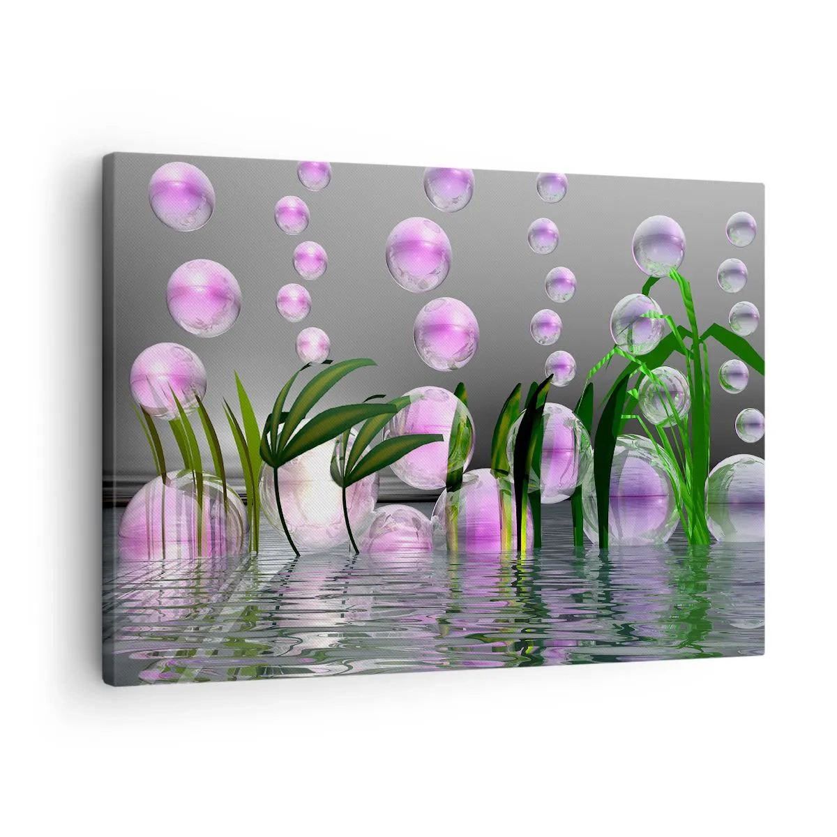 Cuadro sobre lienzo - Impresión de Imagen - Hojas verdes y burbujas rosadas sobre el agua sobre un fondo gris. - 70x50cm - Composición reflexiva de ligereza y vida - Decoración de pared moderna para salón y dormitorio ARTTOR