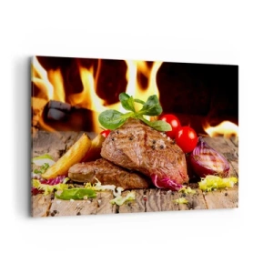Cuadro sobre lienzo - Impresión de Imagen - Filete a la parrilla con acompañamientos con el telón de fondo de las llamas. - 120x80cm - Embrujo de fuego - Decoración de pared moderna para salón y dormitorio ARTTOR
