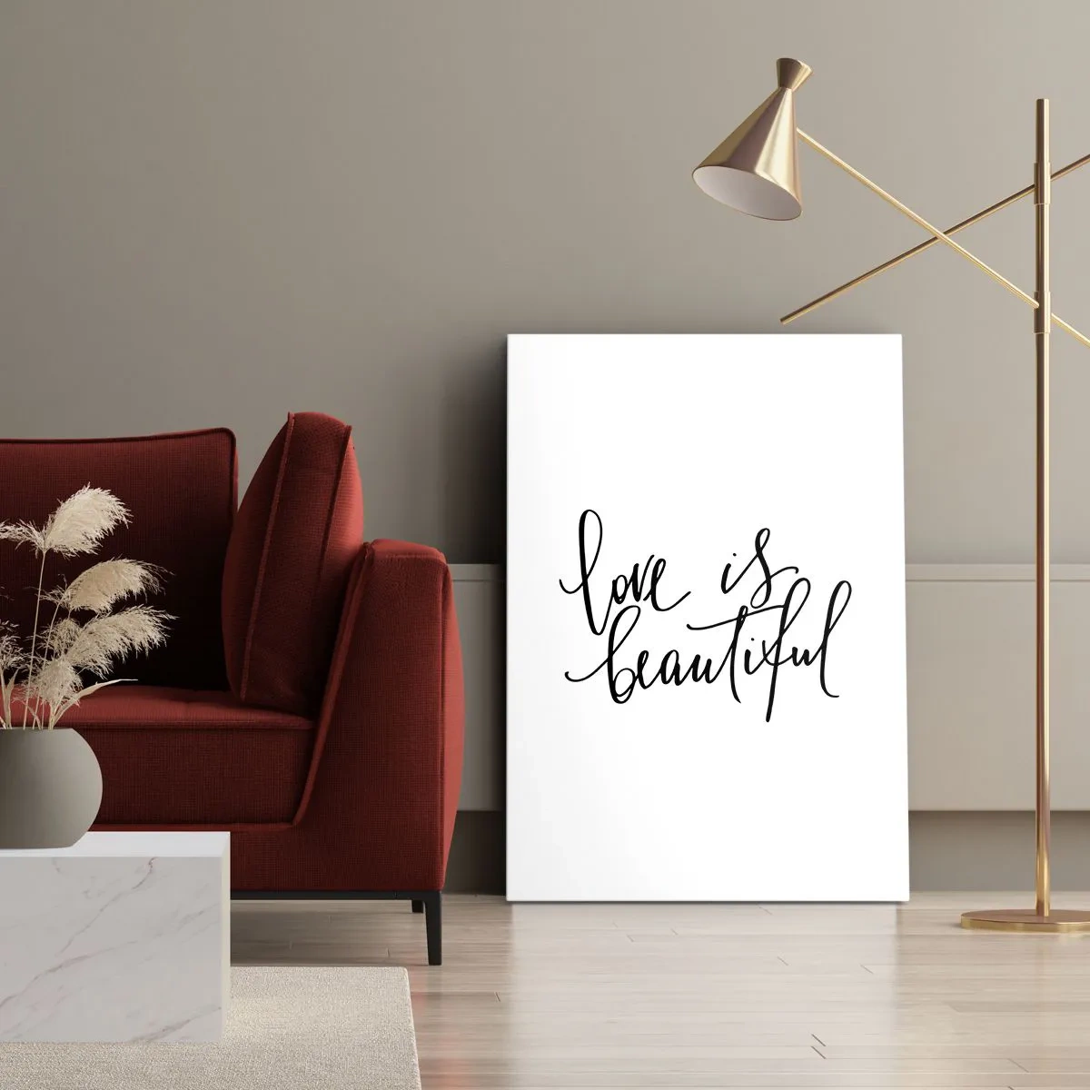 Cuadro sobre lienzo - Impresión de Imagen - Inscripción negra «El amor es hermoso» sobre fondo blanco. - 50x70cm - Leer y repetir - Decoración de pared moderna para salón y dormitorio ARTTOR