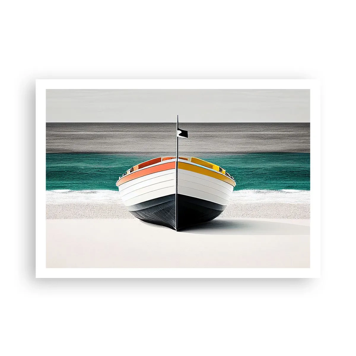 Póster - Un barco en la playa con un mar turquesa al fondo. - 100x70cm - En su lugar exacto - Decoración de pared moderna para salón y dormitorio ARTTOR