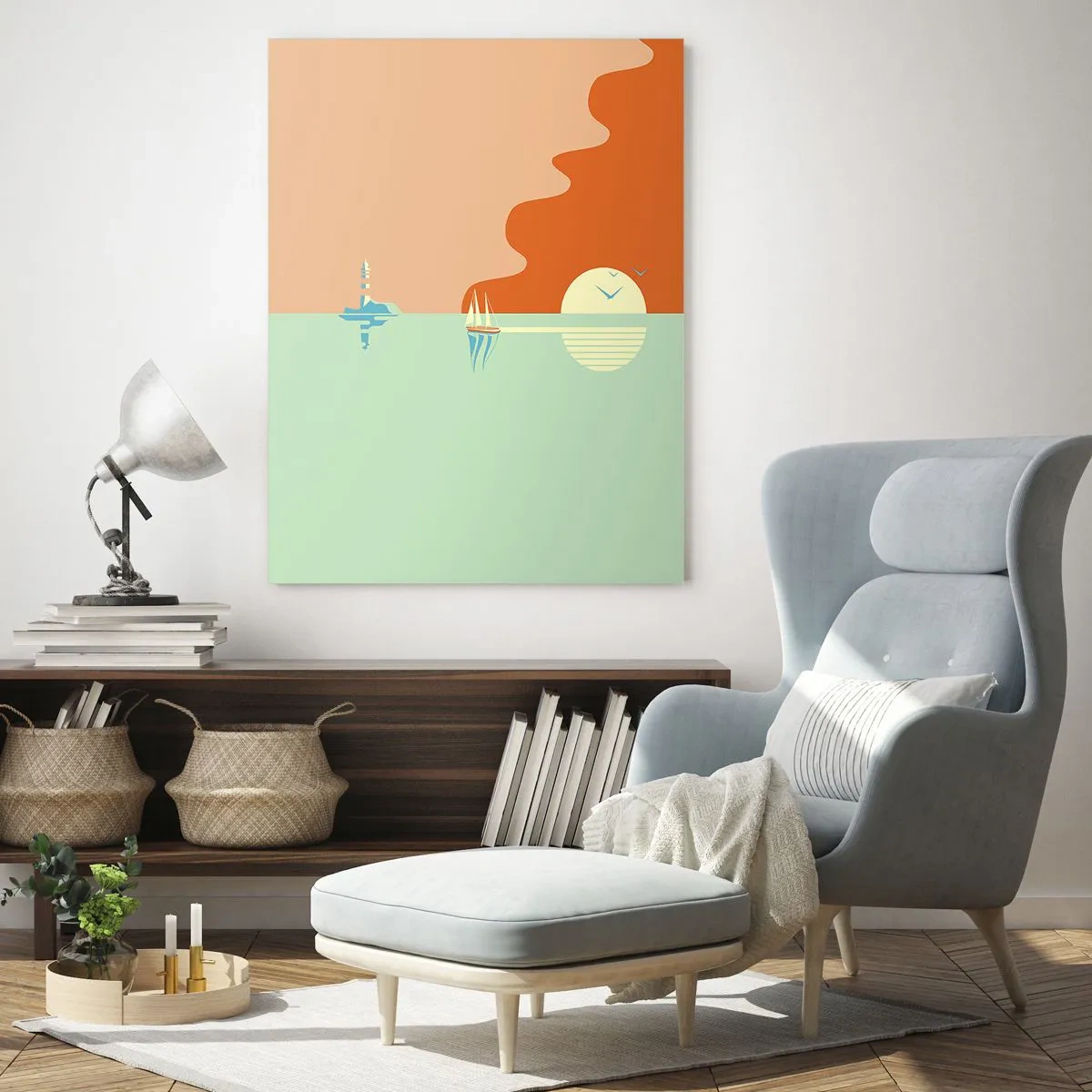 Cuadro sobre vidrio - Impresiones sobre Vidrio - Una puesta de sol minimalista con un velero y un faro. - 50x70cm - Un paisaje marino perfecto - Decoración de pared moderna para salón y dormitorio ARTTOR