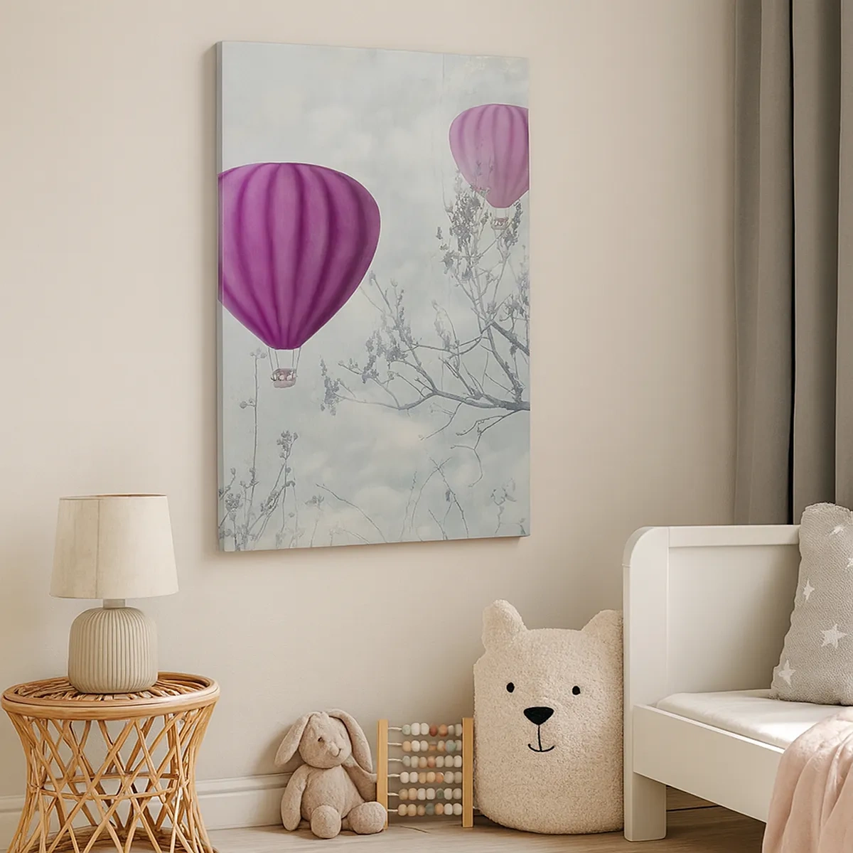 Cuadro sobre lienzo - Impresión de Imagen - Globos morados flotando sobre los árboles en las nubes. - 50x70cm - Surcando los cielos - Decoración de pared moderna para salón y dormitorio ARTTOR