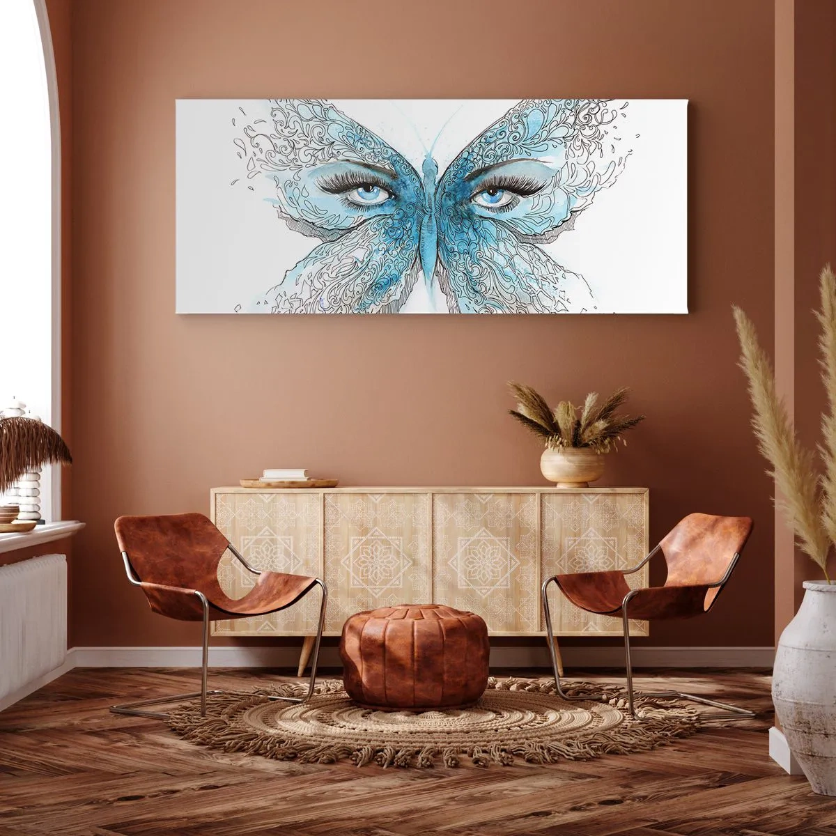 Cuadro sobre lienzo - Impresión de Imagen - Acuarela artística de una mariposa con ojos azules. - 160x50cm - Mirada de mariposa - Decoración de pared moderna para salón y dormitorio ARTTOR