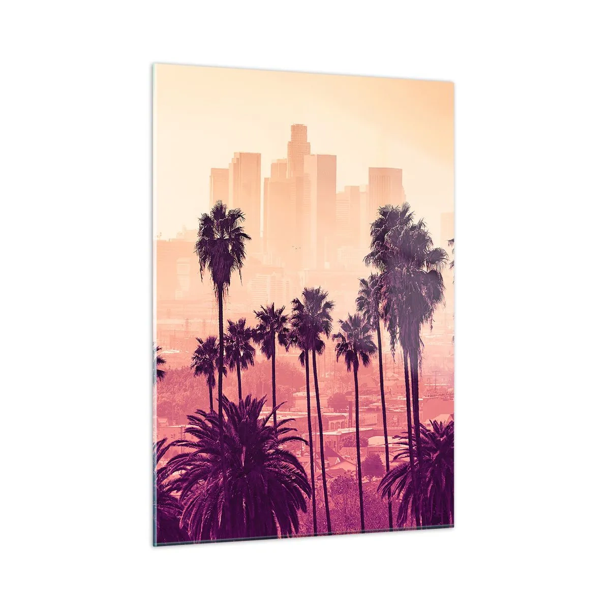 Cuadro sobre vidrio - Impresiones sobre Vidrio - Palmeras con el horizonte de la ciudad como telón de fondo en cálidos tonos del atardecer. - 50x70cm - El paisaje de California - Decoración de pared moderna para salón y dormitorio ARTTOR