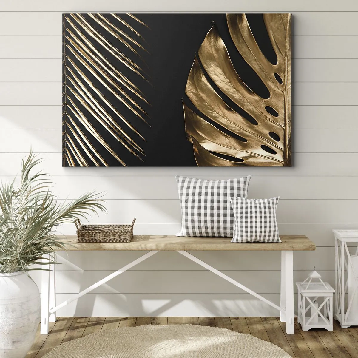 Cuadro sobre lienzo - Impresión de Imagen - Hojas doradas sobre fondo negro - 70x50cm - Diferente, e igualmente valioso - Decoración de pared moderna para salón y dormitorio ARTTOR