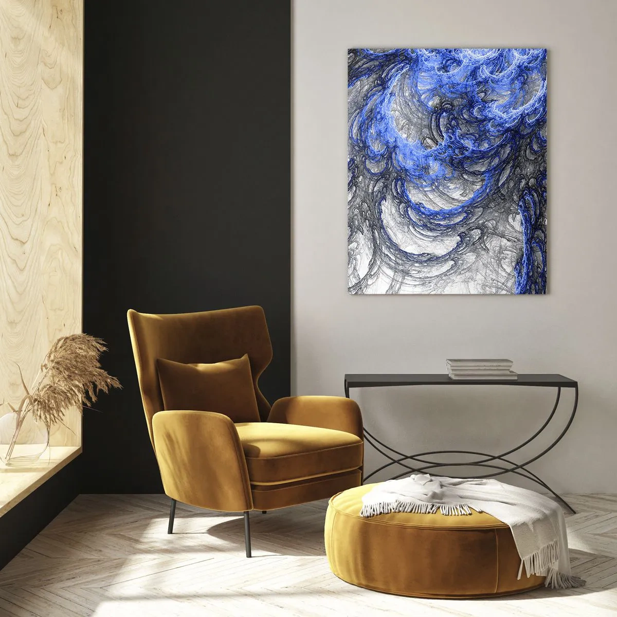Cuadro sobre vidrio - Impresiones sobre Vidrio - Ondas abstractas en tonos azules y grises - 80x120cm - El nacimiento de una ola - Decoración de pared moderna para salón y dormitorio ARTTOR
