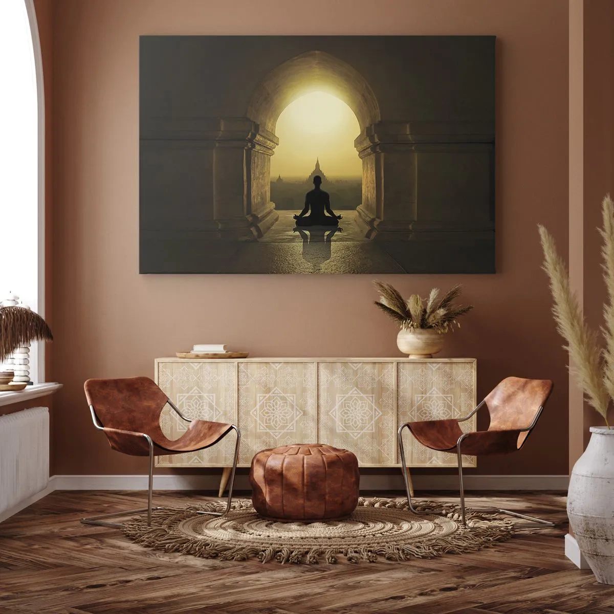 Cuadro sobre lienzo - Impresión de Imagen - Silueta de una persona meditando a la luz del sol poniente. - 70x50cm - Armonía total - Decoración de pared moderna para salón y dormitorio ARTTOR