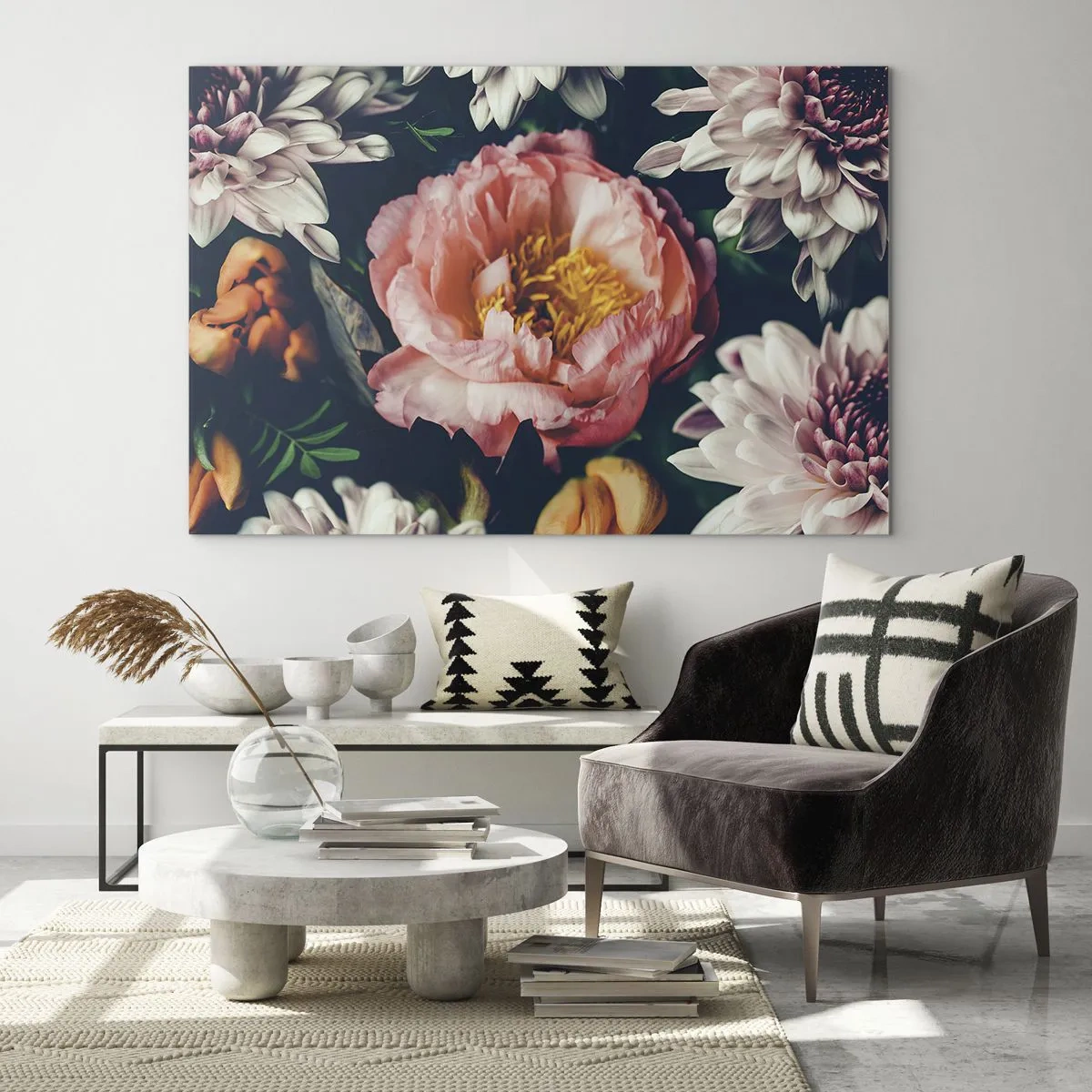 Cuadro sobre vidrio - Impresiones sobre Vidrio - Primer plano de peonías y crisantemos en tonos pastel. - 70x50cm - Con esplendor barroco - Decoración de pared moderna para salón y dormitorio ARTTOR