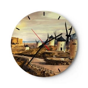 Reloj de pared - Reloj de vidrio - Molinos de viento en las colinas de La Mancha - 30x30cm - Don Quijote los vio - Decoración de pared moderna para salón, cocina y dormitorio ARTTOR