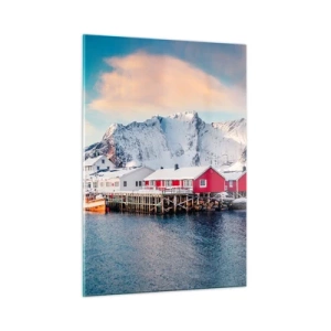 Cuadro sobre vidrio - Impresiones sobre Vidrio - Cabañas de pescadores rojas en el fiordo con montañas al fondo - 50x70cm - Un retiro en el norte - Decoración de pared moderna para salón y dormitorio ARTTOR