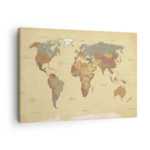 Cuadro sobre lienzo - Impresión de Imagen - Un mapa del mundo estilizado en tonos beige y colores pastel. - 70x50cm - Para ti, el mundo entero - Decoración de pared moderna para salón y dormitorio ARTTOR