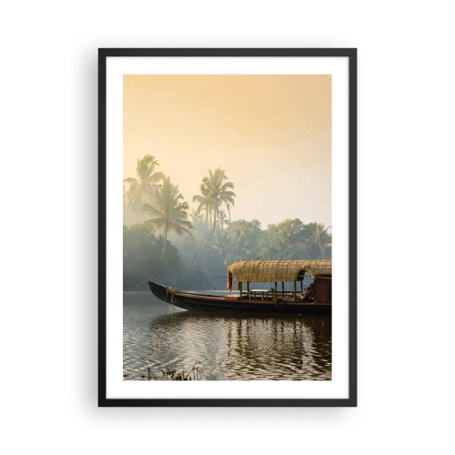 Póster en marco negro - Barco tradicional en un río entre palmeras al atardecer - 50x70cm - Casa en el río - Decoración de pared moderna para salón y dormitorio ARTTOR