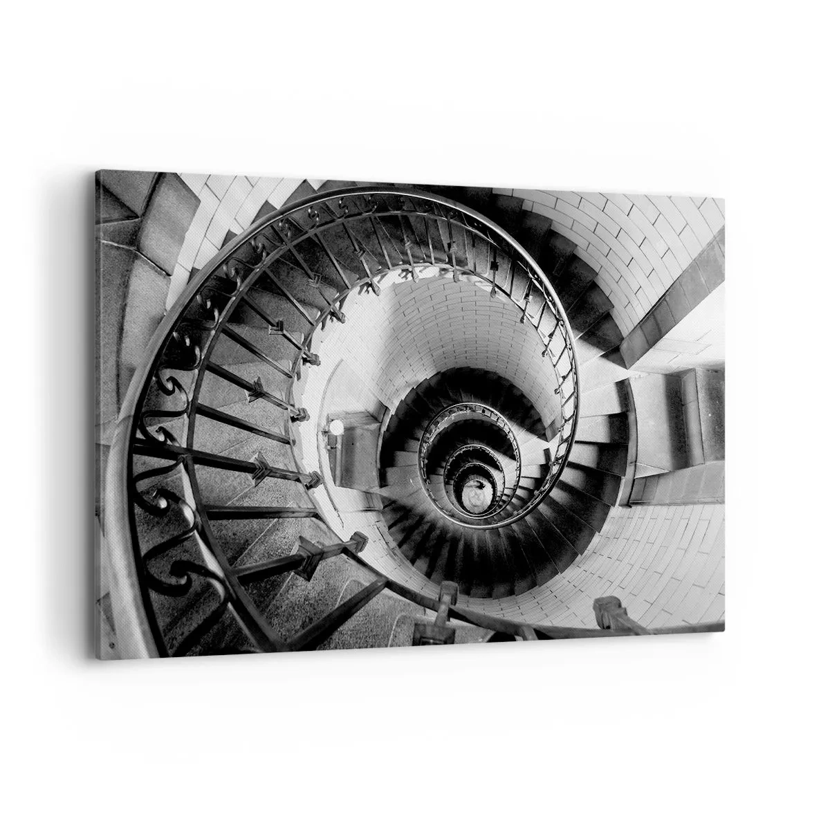 Cuadro sobre lienzo - Impresión de Imagen - Fotografía en blanco y negro de una escalera de caracol con perspectiva de arriba hacia abajo. - 120x80cm - Cada vez más alto - Decoración de pared moderna para salón y dormitorio ARTTOR