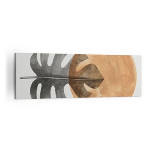 Cuadro sobre lienzo - Impresión de Imagen - Hoja de monstera y círculo dorado sobre un fondo claro - 160x50cm - Siempre el sol - Decoración de pared moderna para salón y dormitorio ARTTOR