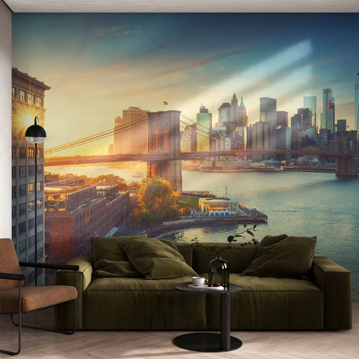 Fotomural Premium Sand - El amanecer de la gran ciudad - Nueva York, Ciudad, puente de Brooklyn - 350x256 cm