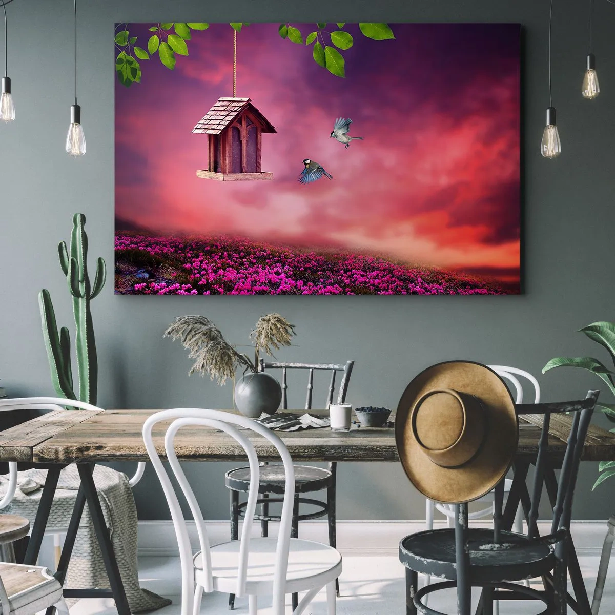 Cuadro sobre lienzo - Impresión de Imagen - Un paisaje pintoresco con una casa para pájaros y una puesta de sol. - 120x80cm - Invitación a una cena - Decoración de pared moderna para salón y dormitorio ARTTOR